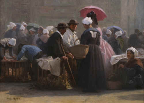 Eugène Jacques Feyen 1826 - 1895“Ochtend bezoek op de markt”
